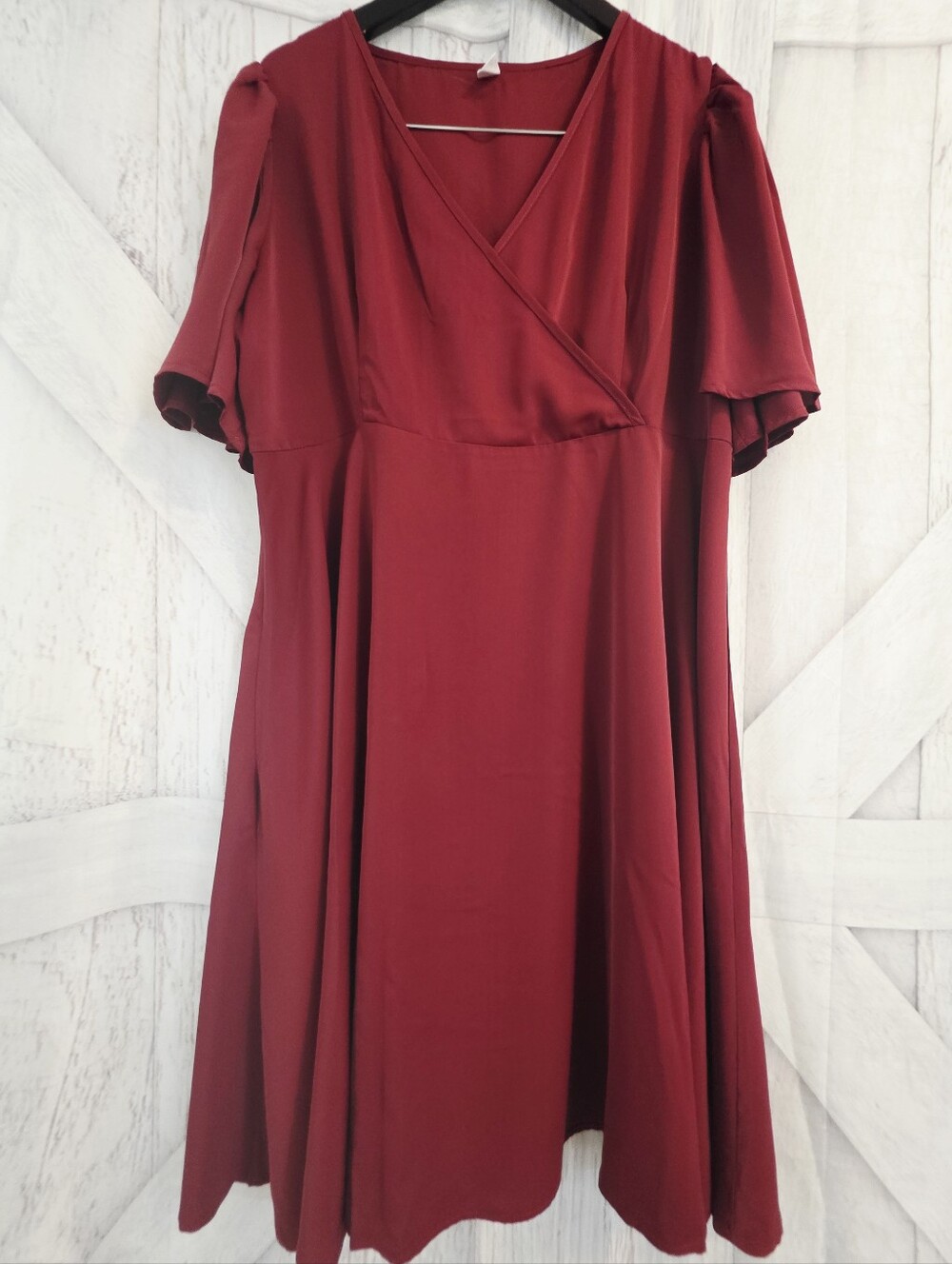 Plus Size Burgundy Wrap Style Midi Dress 3X Flutter Sleeve Elegant Dress